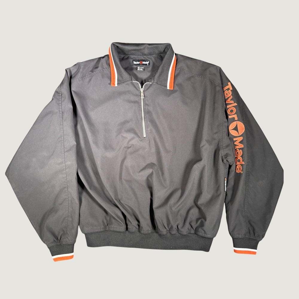 VTG TaylorMade Golf Windbreaker Jacket Mens L Black Orange Quarter Zip Pullover